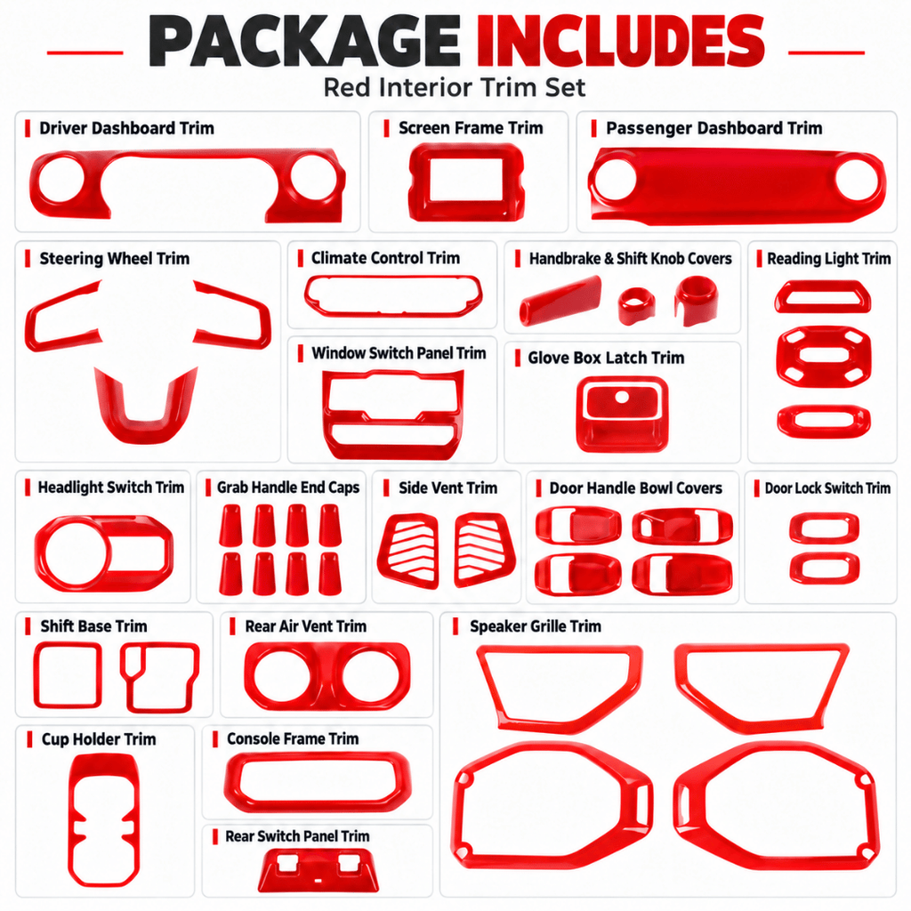 For 2018–2023 Jeep Wrangler JL & Gladiator JT – ABS Dashboard, Steering Wheel & Console Full Set Covers 42 PCS Interior Trim Kit