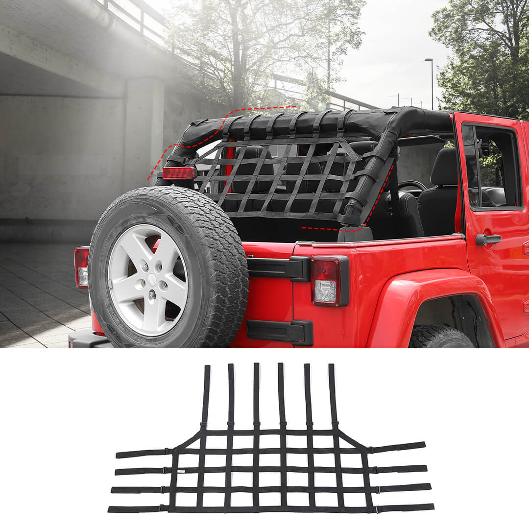 Fabric Strap & ABSFor 2007-2018 Jeep Wrangler JKU 4 Door Rear Trunk Mesh Cargo Net Organizer Restraint Protective Roof Top Baggage