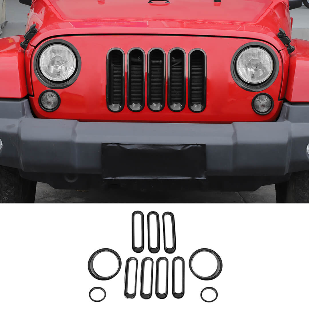 For 2007-2018 Jeep Wrangler JK Front Grill Inserts & Headlight Trim & Turn Signal Bezel Kit（11 pcs）