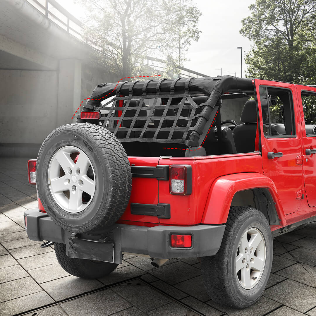 Fabric Strap & ABSFor 2007-2018 Jeep Wrangler JKU 4 Door Rear Trunk Mesh Cargo Net Organizer Restraint Protective Roof Top Baggage