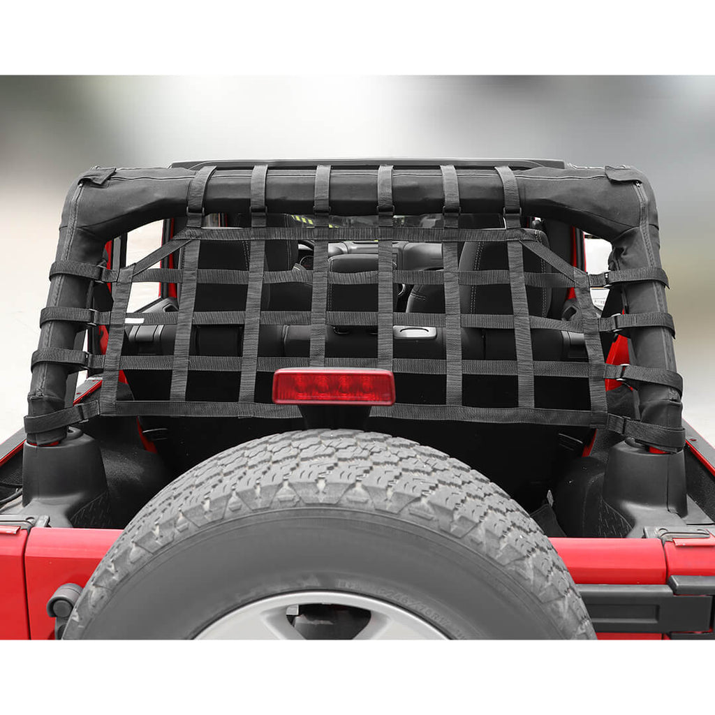 Fabric Strap & ABSFor 2007-2018 Jeep Wrangler JKU 4 Door Rear Trunk Mesh Cargo Net Organizer Restraint Protective Roof Top Baggage