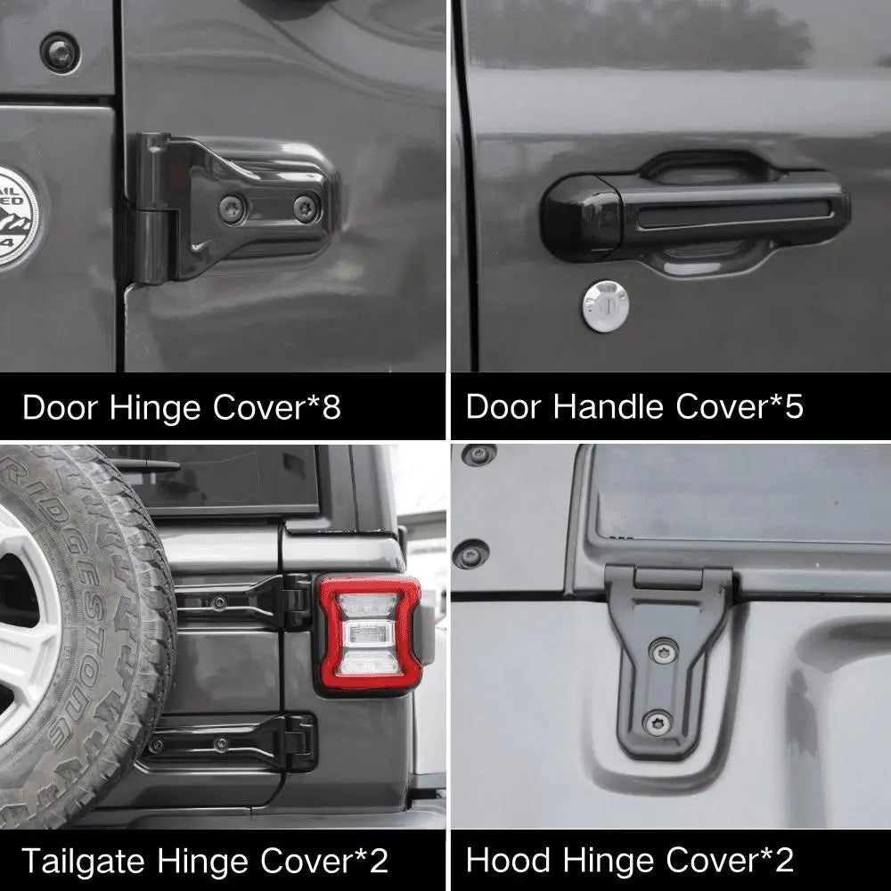 For 2018-2025 Jeep Wrangler JL 4-Dr 17x Door Handle/Door & Engine Hood & Spare Tire Bracket Hinge Trim Cover Kit