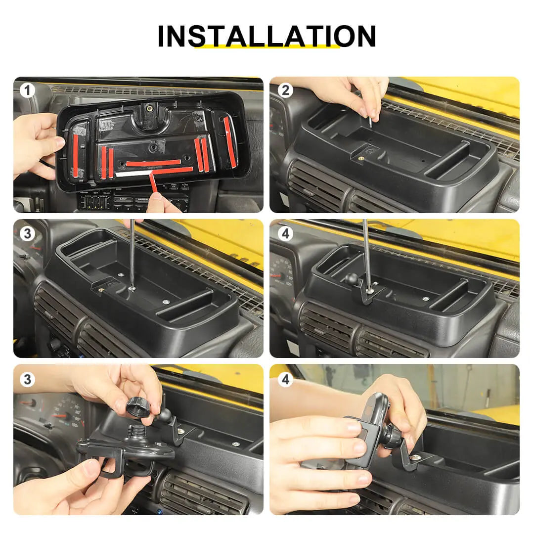 For 1997-2006 Jeep Wrangler TJ Center Console Phone Holder Dash Mount with Storage Tray (2 pcs)