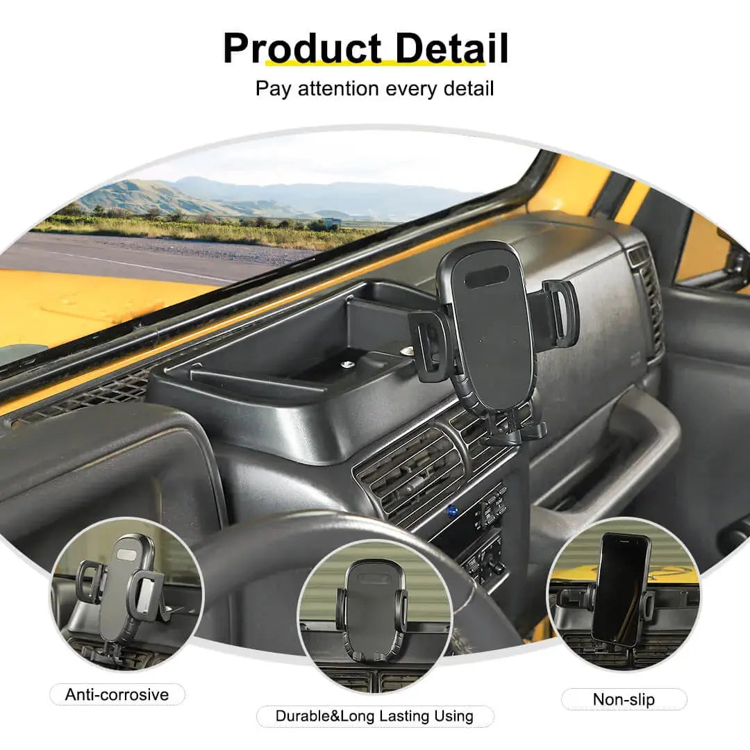 For 1997-2006 Jeep Wrangler TJ Center Console Phone Holder Dash Mount with Storage Tray (2 pcs)