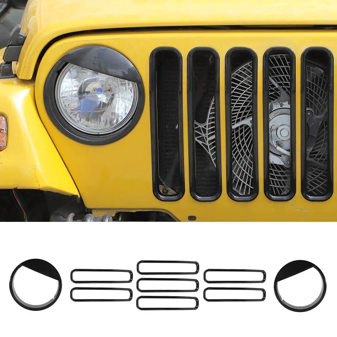 For 1997-2006 Jeep Wrangler TJ Exterior Front Headlight Bezels Grille Insert Trim Cover Kit (9 pcs)