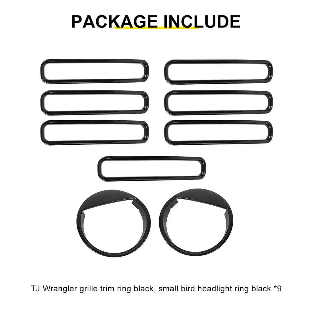For 1997-2006 Jeep Wrangler TJ Exterior Front Headlight Bezels Grille Insert Trim Cover Kit (9 pcs)