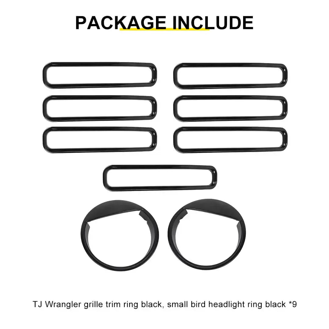 For 1997-2006 Jeep Wrangler TJ Exterior Front Headlight Bezels Grille Insert Trim Cover Kit (9 pcs)