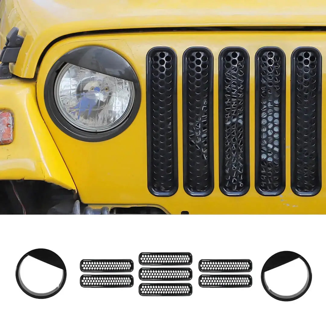 For 1997-2006 Jeep Wrangler TJ Exterior Front Headlight Bezels Grille Insert Trim Cover Kit (9 pcs)