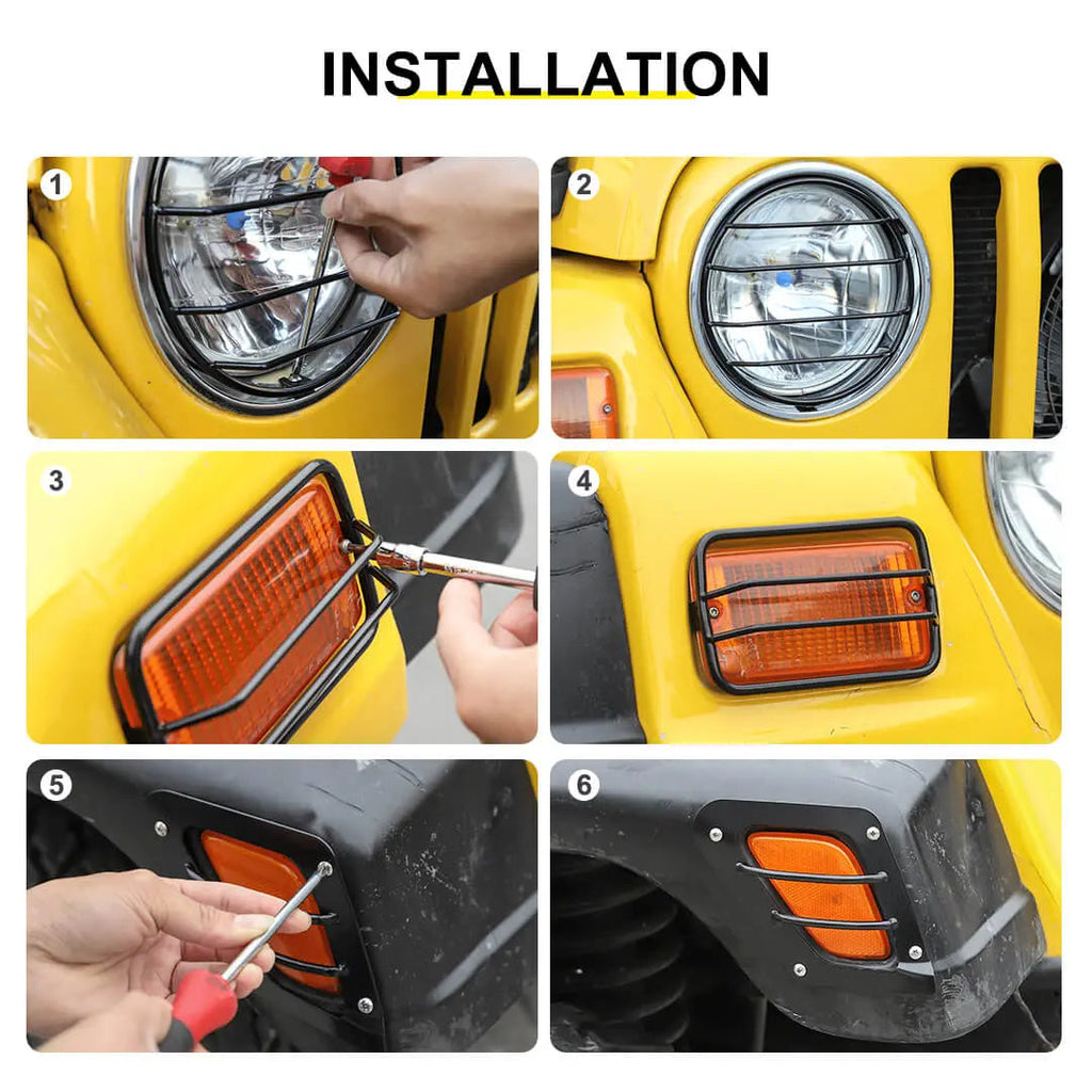 For 1997-2006 Jeep Wrangler TJ Exterior Side Turn Signal Light Headlight Guard Trim Cover Kit (6 pcs)