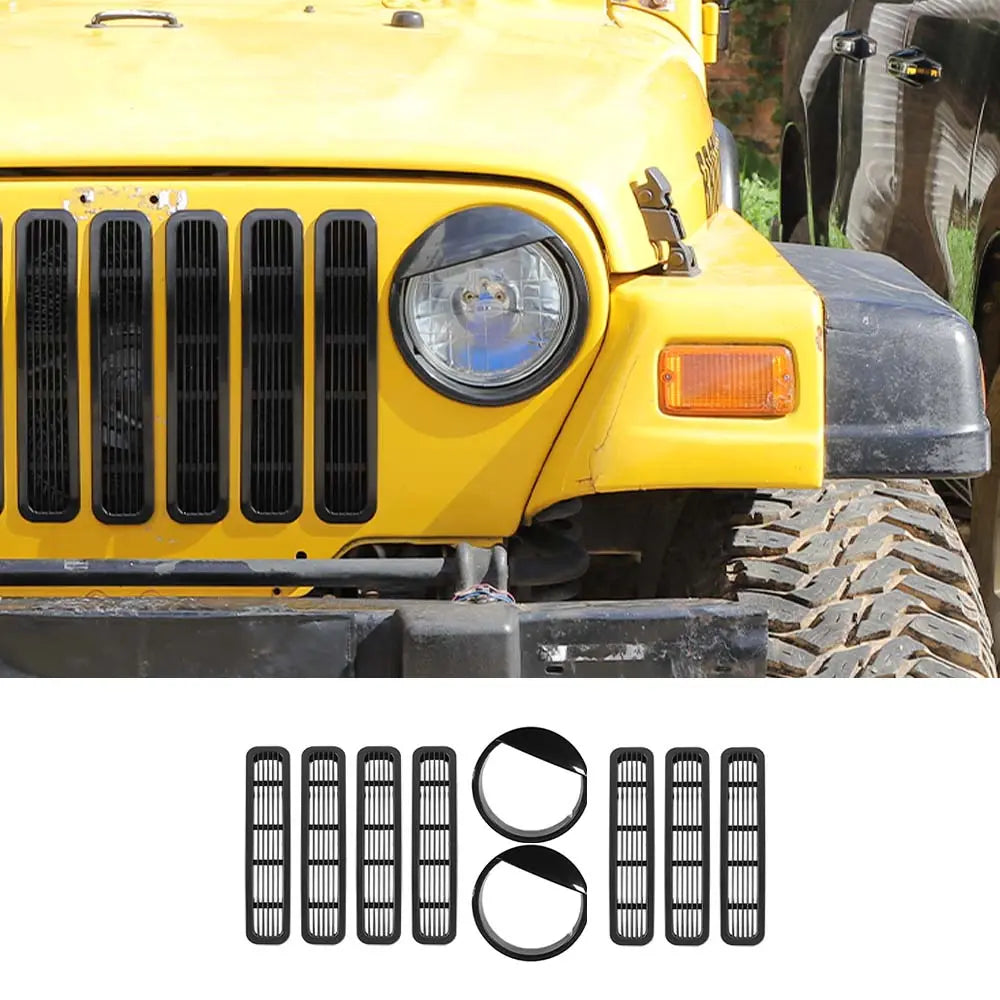 For 1997-2006 Jeep Wrangler TJ Grill Inserts Mesh Headlight Bezels Angry Eyes Trim Kit