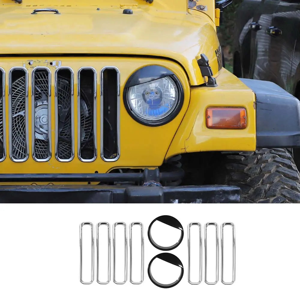 For 1997-2006 Jeep Wrangler TJ Grill Inserts Mesh Headlight Bezels Angry Eyes Trim Kit