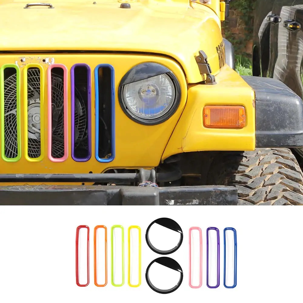 For 1997-2006 Jeep Wrangler TJ Grill Inserts Mesh Headlight Bezels Angry Eyes Trim Kit