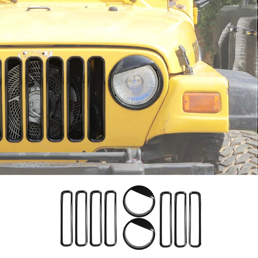 For 1997-2006 Jeep Wrangler TJ Grill Inserts Mesh Headlight Bezels Angry Eyes Trim Kit
