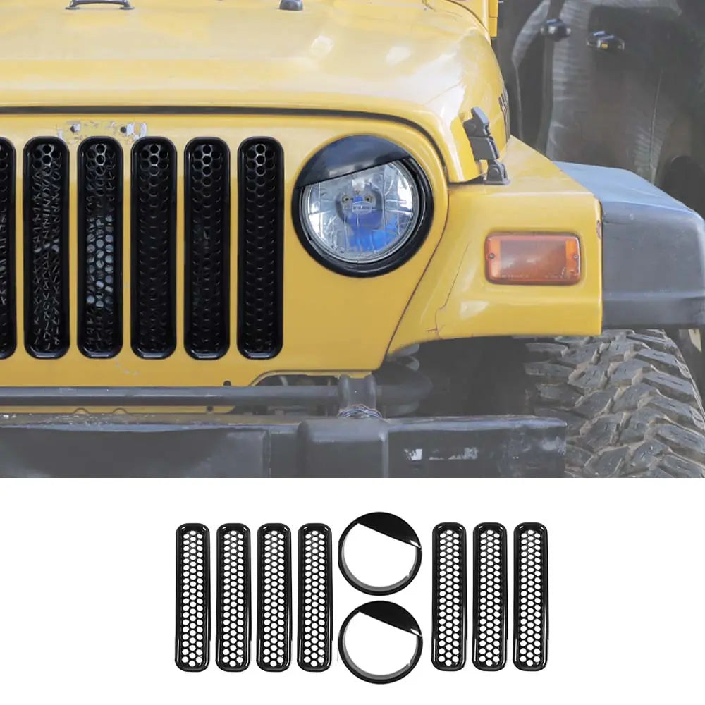 For 1997-2006 Jeep Wrangler TJ Grill Inserts Mesh Headlight Bezels Angry Eyes Trim Kit