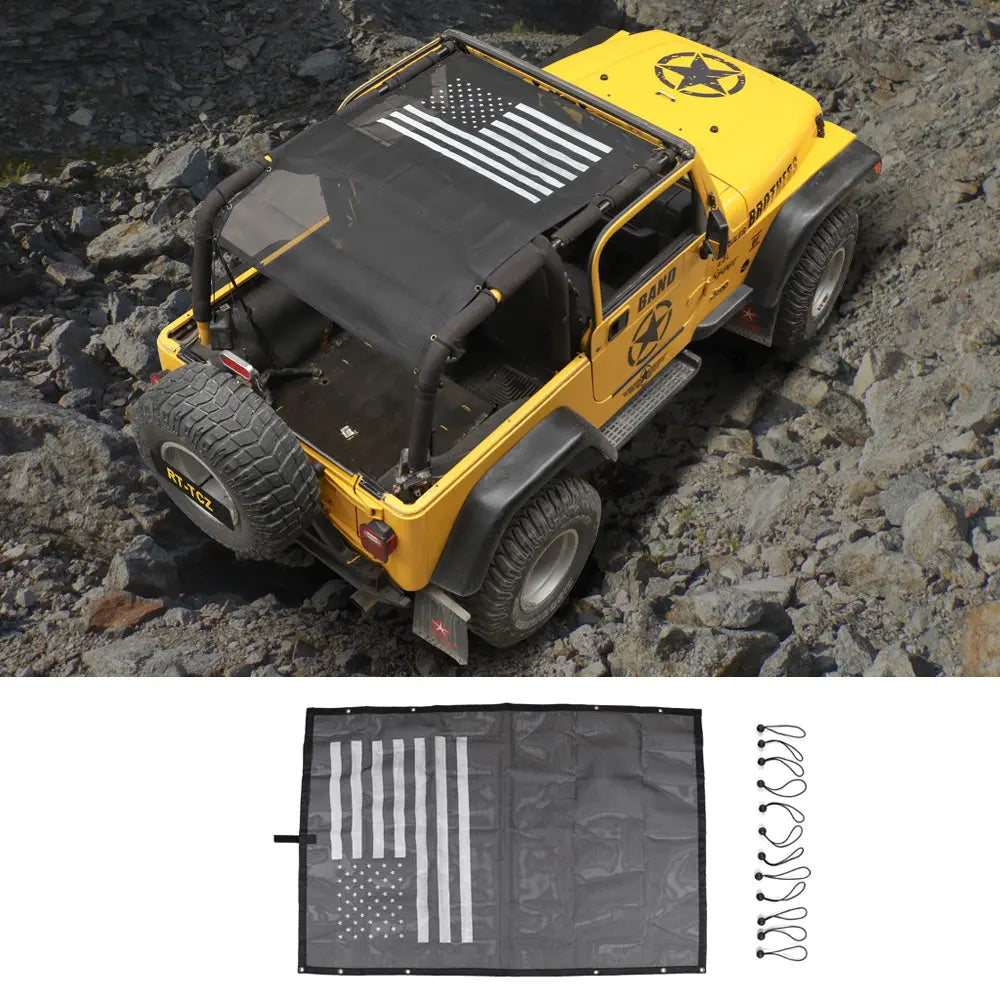 For 1997-2007 Jeep Wrangler TJ Half-Length Mesh Bikini Top Sunshade – UV Protection Soft Roof Cover US Flag