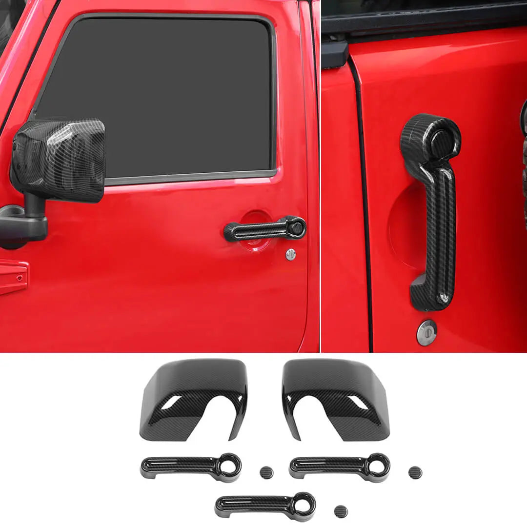 For 2007-2018 Jeep Wrangler JK 2-Door Rearview Mirror Cover & Door Handle Trim Shell Cover Kit (5 pcs)