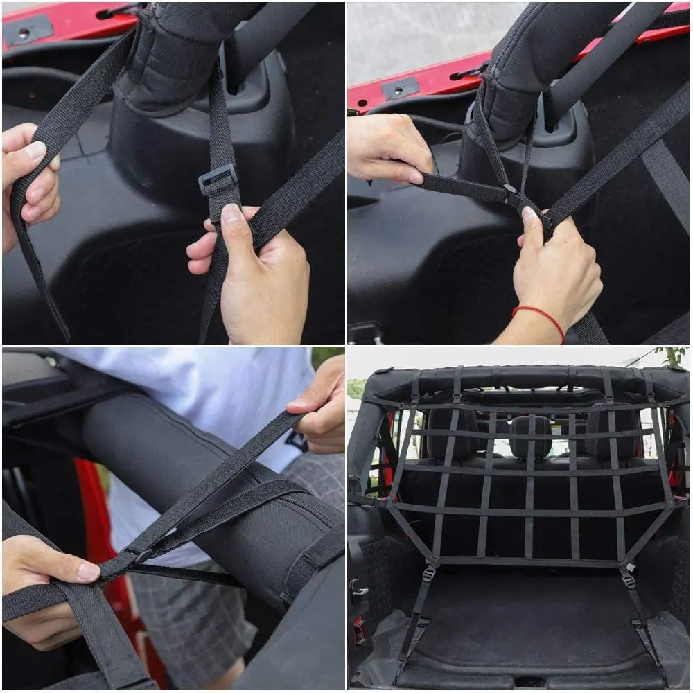 For 2007-2018 Jeep Wrangler JKU 4 Door Mesh Cargo Trunk Side Back Net Restraint Protective Roof Top Baggage Black