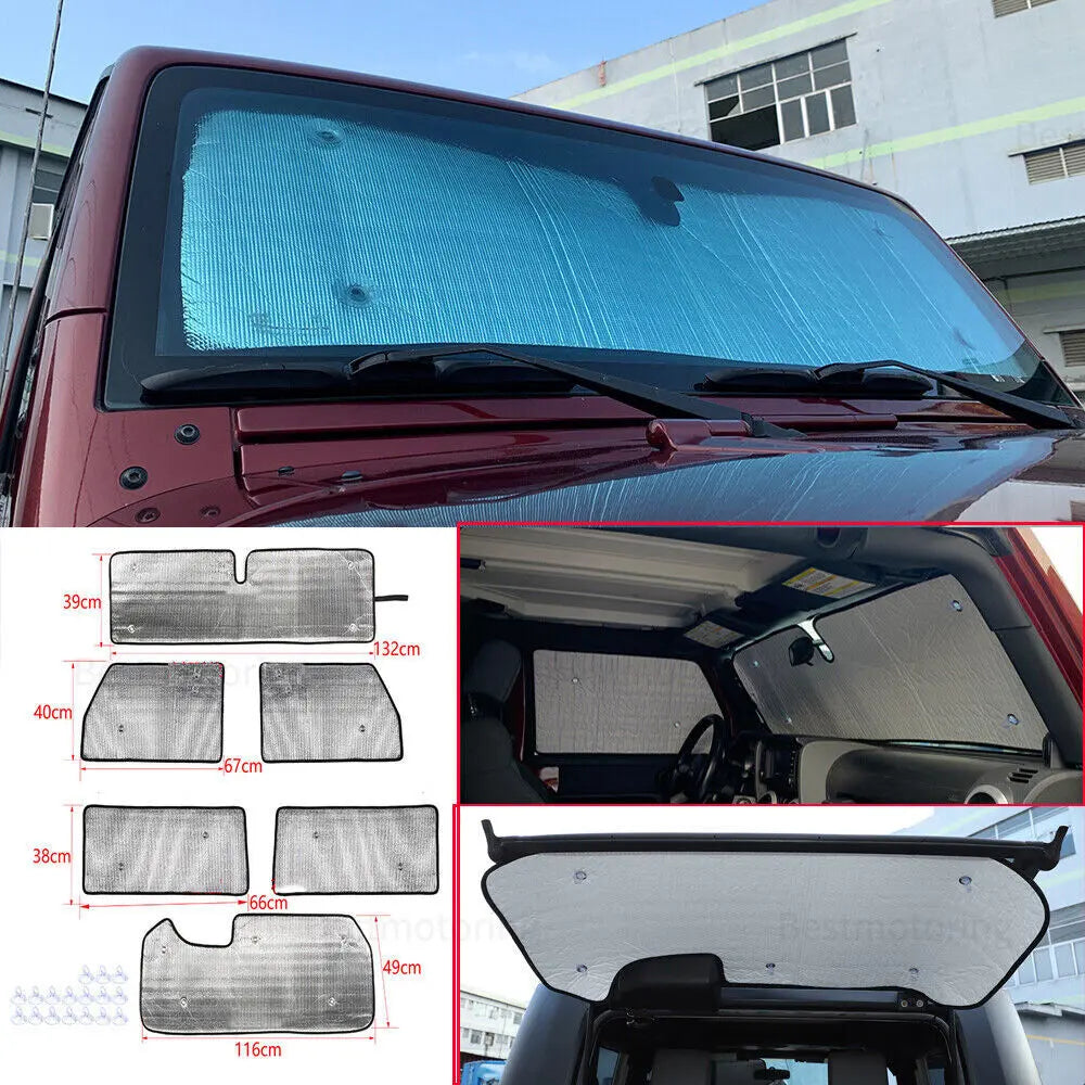 For 2007-2018 Jeep Wrangler JK 2-Door Windshield Full Window Sunshade Visors Full Set UV Block Cover×6