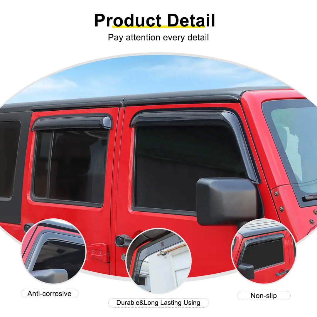 For 2007-2018 Jeep Wrangler JK 4-Door Version Car Window Sun Rain Visors Wind Rain Guard (4 pcs)