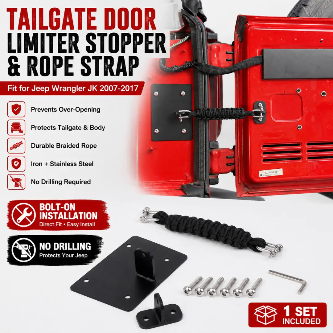 For 2007-2018 Jeep Wrangler JK Car Tailgate Door Limiter Stopper & Rope Strap Bandage