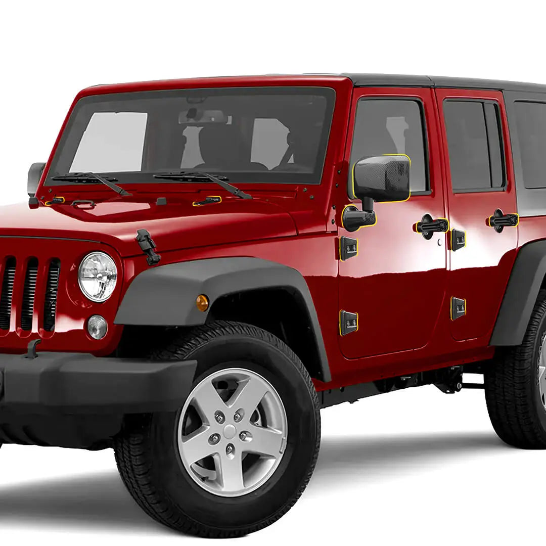 For the 2007–2018 Jeep Wrangler JK Door Handles, Hinges, and Mirror Exterior Full Covers Trim Kit Accessories (53 pcs)