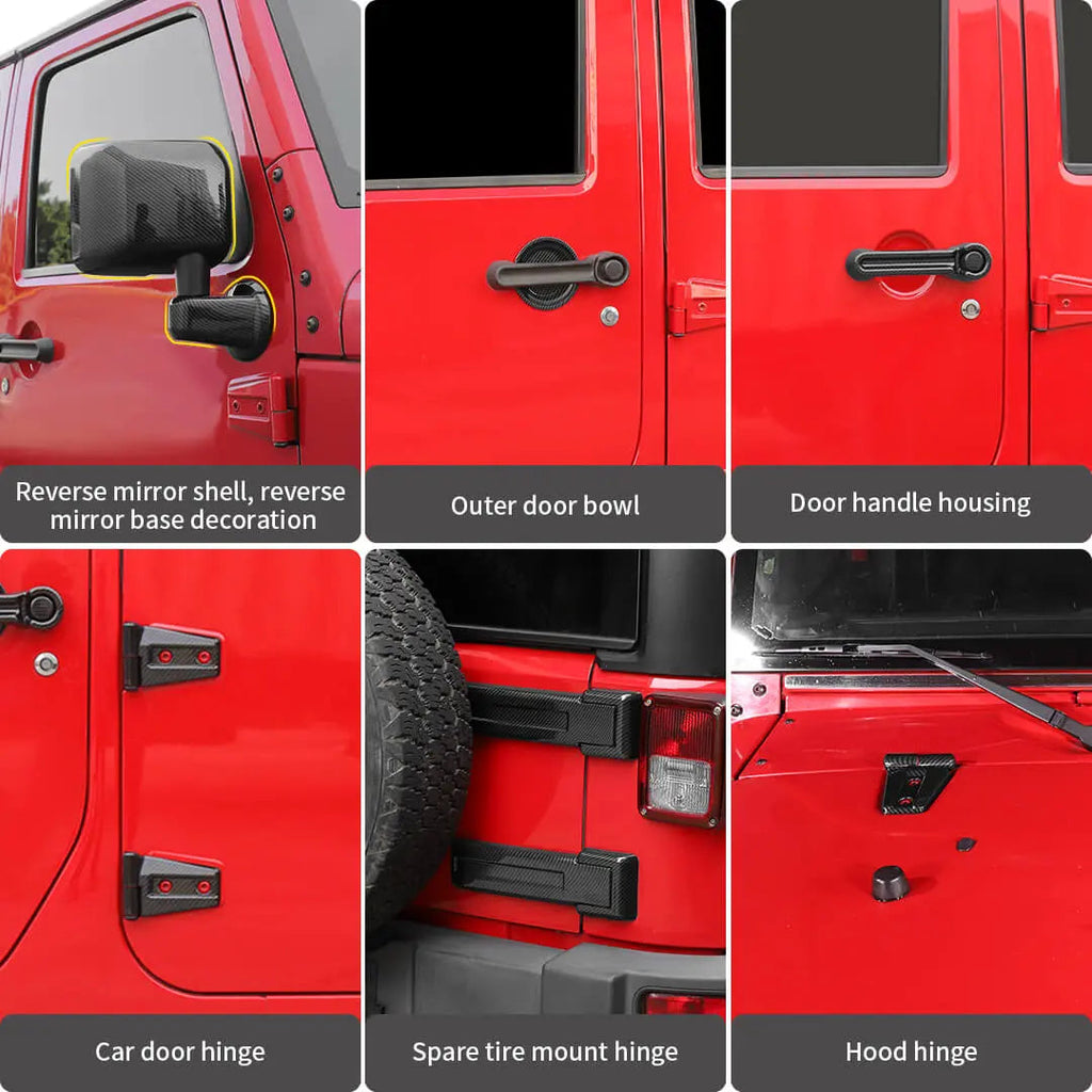 For the 2007–2018 Jeep Wrangler JK Door Handles, Hinges, and Mirror Exterior Full Covers Trim Kit Accessories (53 pcs)