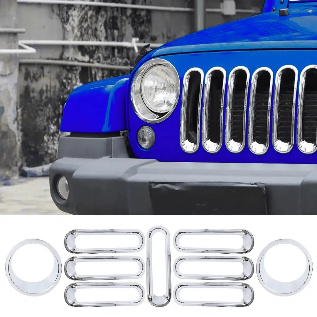 For 2007-2018 Jeep Wrangler JK Front Grill Inserts & Headlight Trim Bezels Kit