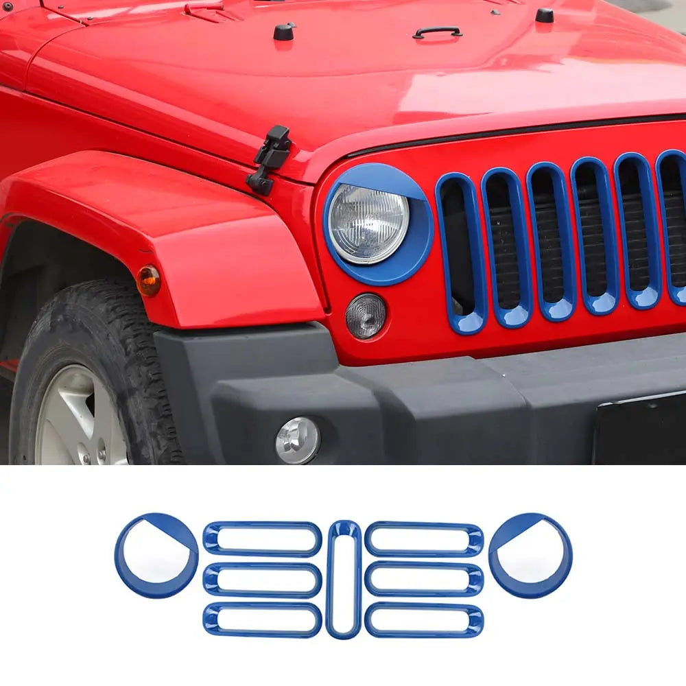 For 2007-2018 Jeep Wrangler JK Front Grille Insert & Angry Eyes Headlight Bezels Trim Kit