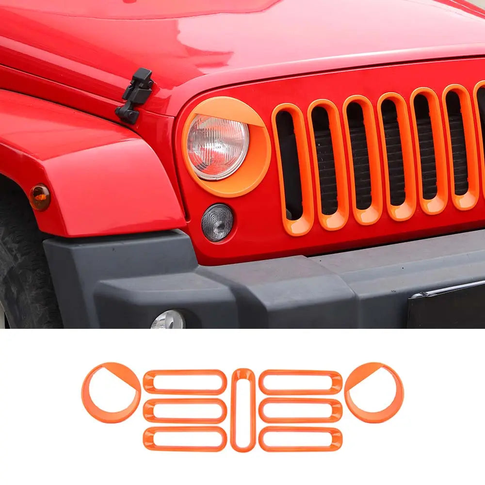 For 2007-2018 Jeep Wrangler JK Front Grille Insert & Angry Eyes Headlight Bezels Trim Kit