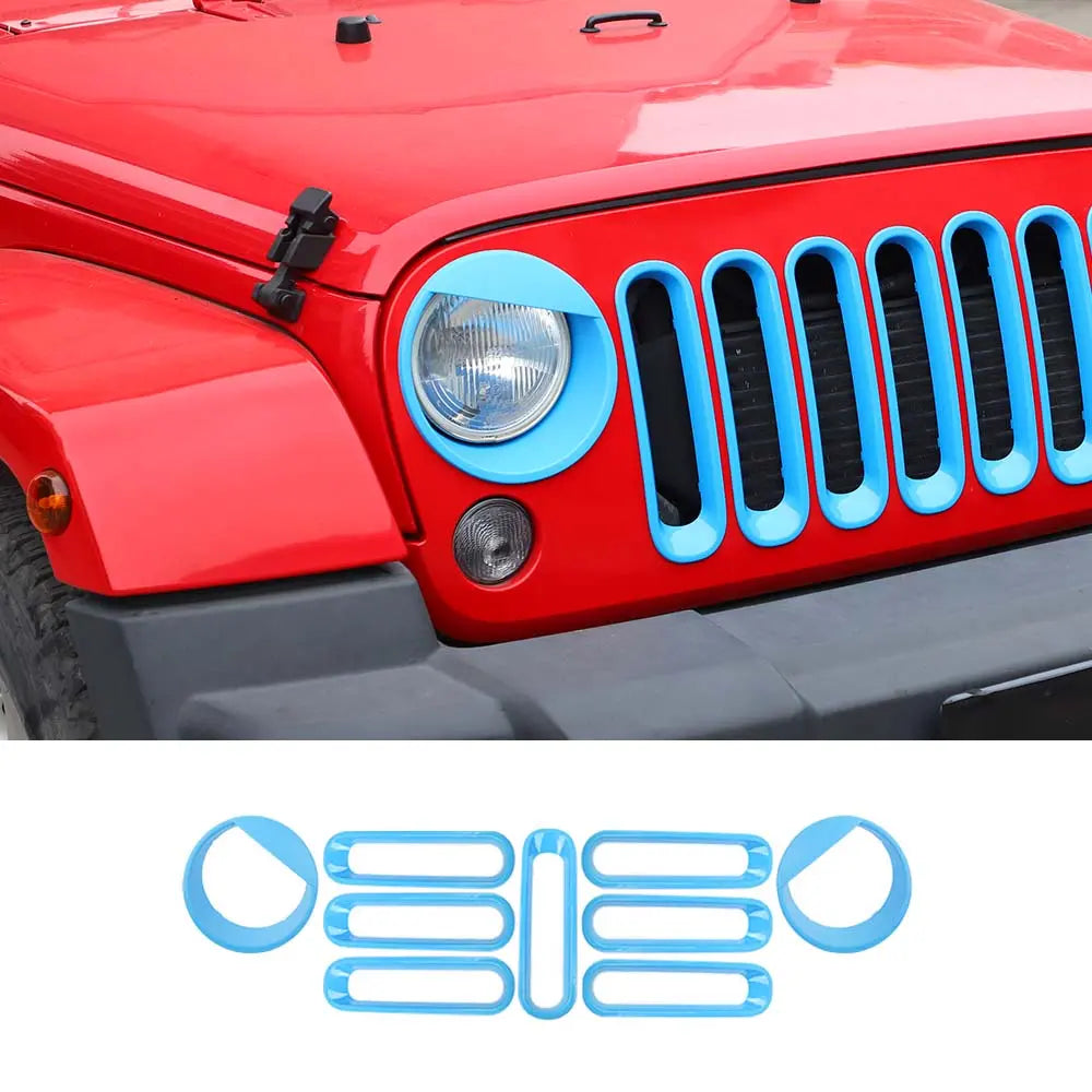For 2007-2018 Jeep Wrangler JK Front Grille Insert & Angry Eyes Headlight Bezels Trim Kit