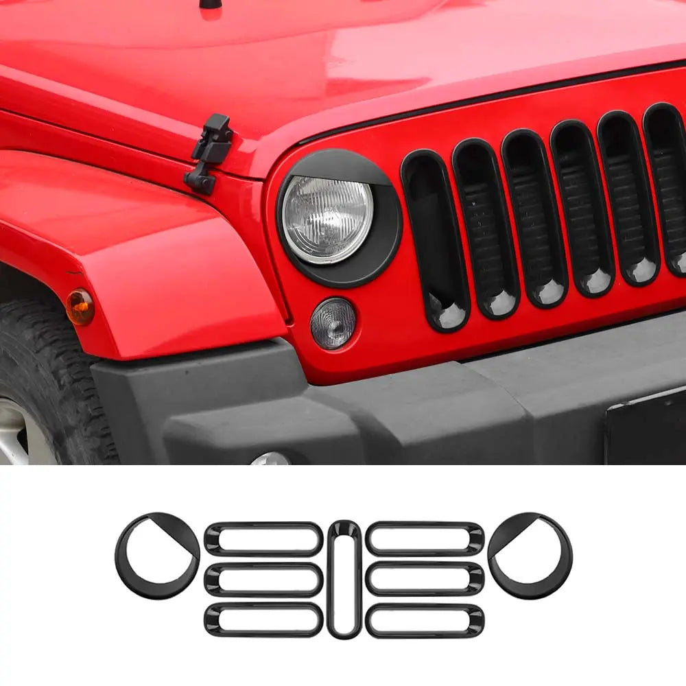 For 2007-2018 Jeep Wrangler JK Front Grille Insert & Angry Eyes Headlight Bezels Trim Kit