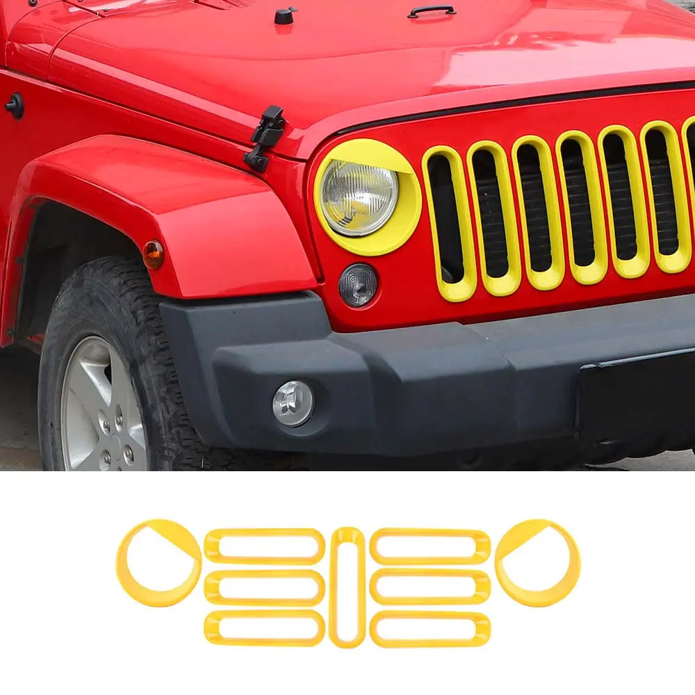 For 2007-2018 Jeep Wrangler JK Front Grille Insert & Angry Eyes Headlight Bezels Trim Kit
