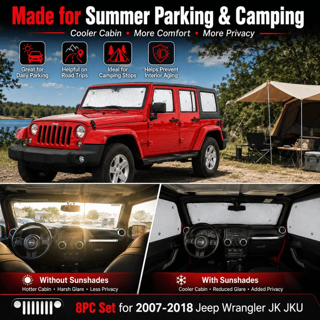 For 2007-2018 Jeep Wrangler JK JKU 4-Door, 8PCs Heat Insulation Windshield Full Window Sunshade Sunscreen Visor