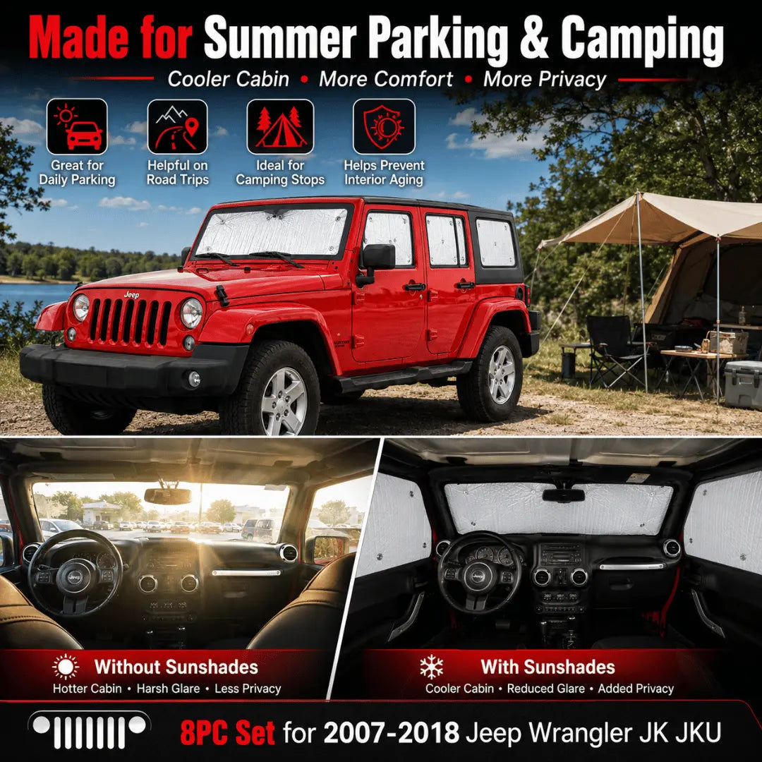 For 2007-2018 Jeep Wrangler JK JKU 4-Door, 8PCs Heat Insulation Windshield Full Window Sunshade Sunscreen Visor
