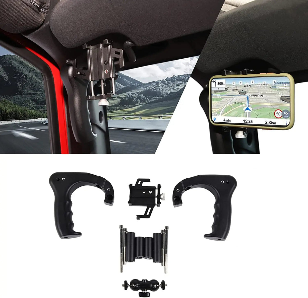 For 2007-2018 Jeep Wrangler JK JKU Front Grab Handles *2 with Phone Holder Mount *1