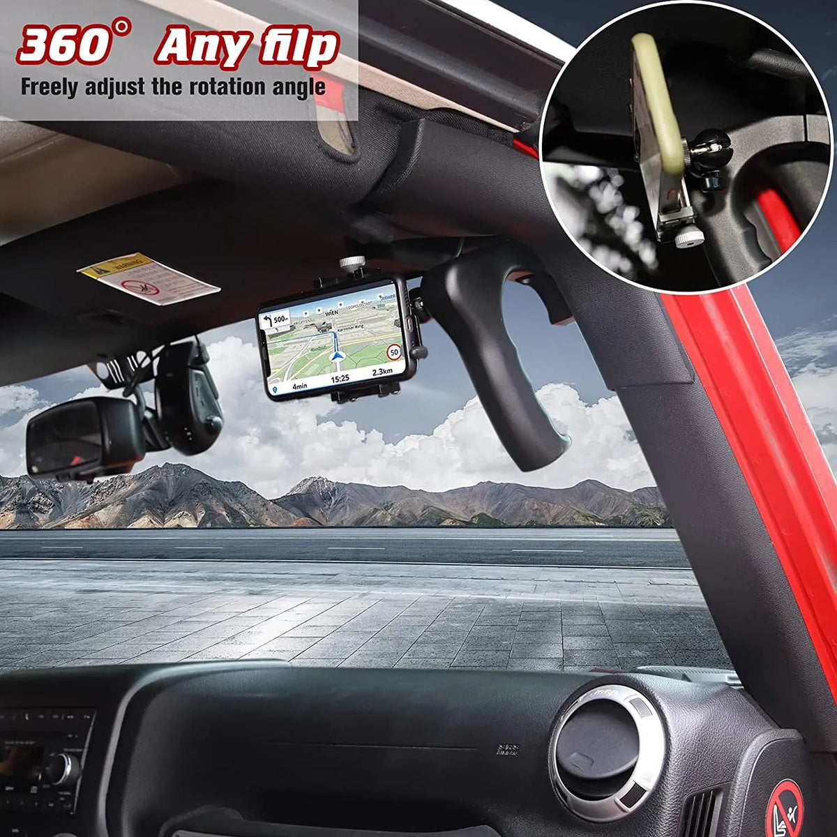 For 2007-2018 Jeep Wrangler JK JKU Front Grab Handles *2 with Phone Holder Mount *1