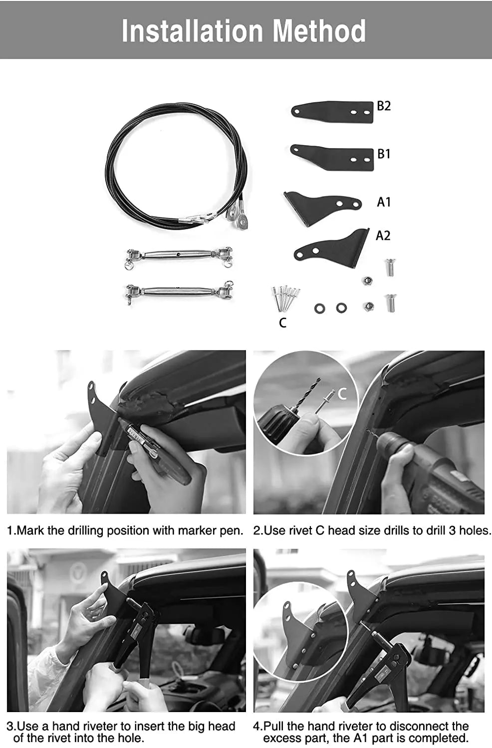 For 2007-2018 Jeep Wrangler JK JKU Hood Limb Risers Kit Sub-line Branches
