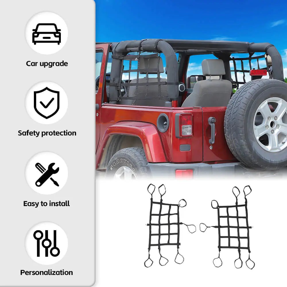 For 2007-2018 Jeep Wrangler JK Rear Side Cargo Trunk Net Restraint Barrier 2Door
