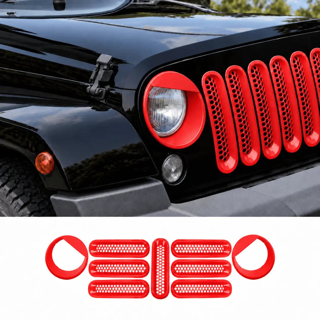 For 2007-2018 Jeep Wrangler JK Upgrade Front Honeycomb Mesh Grille & Angry Eyes Headlight Bezels Trim Kit