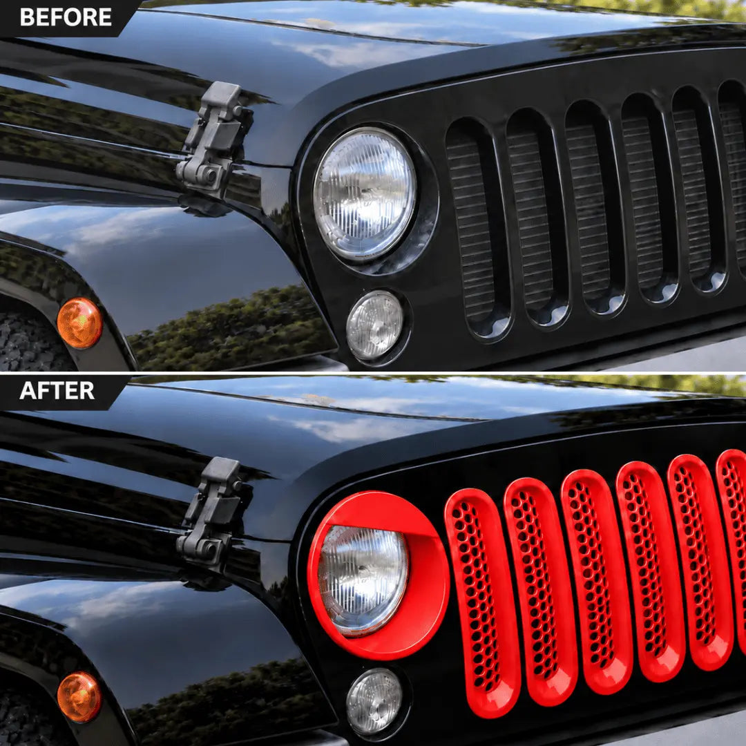 For 2007-2018 Jeep Wrangler JK Upgrade Front Honeycomb Mesh Grille & Angry Eyes Headlight Bezels Trim Kit