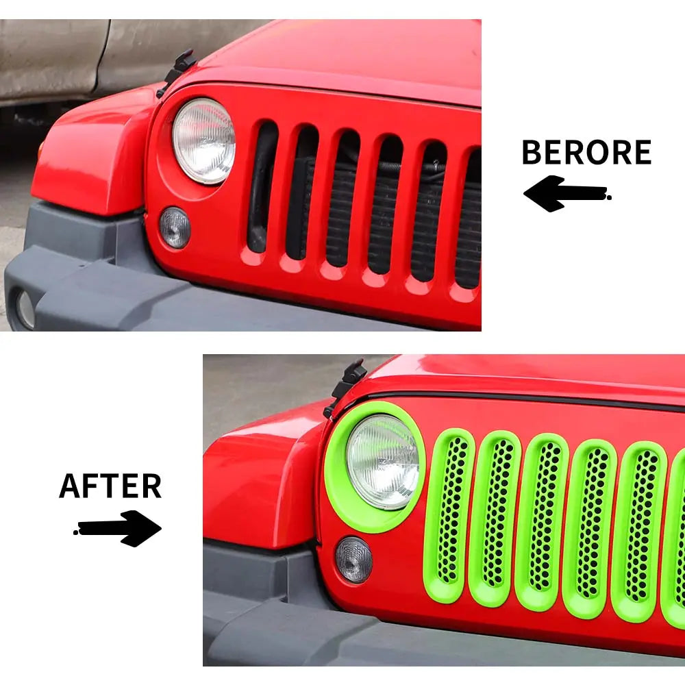 For 2007-2018 Jeep Wrangler JK Upgrade Front Honeycomb Mesh Grille+Front Headlight Inserts Trim Bezels