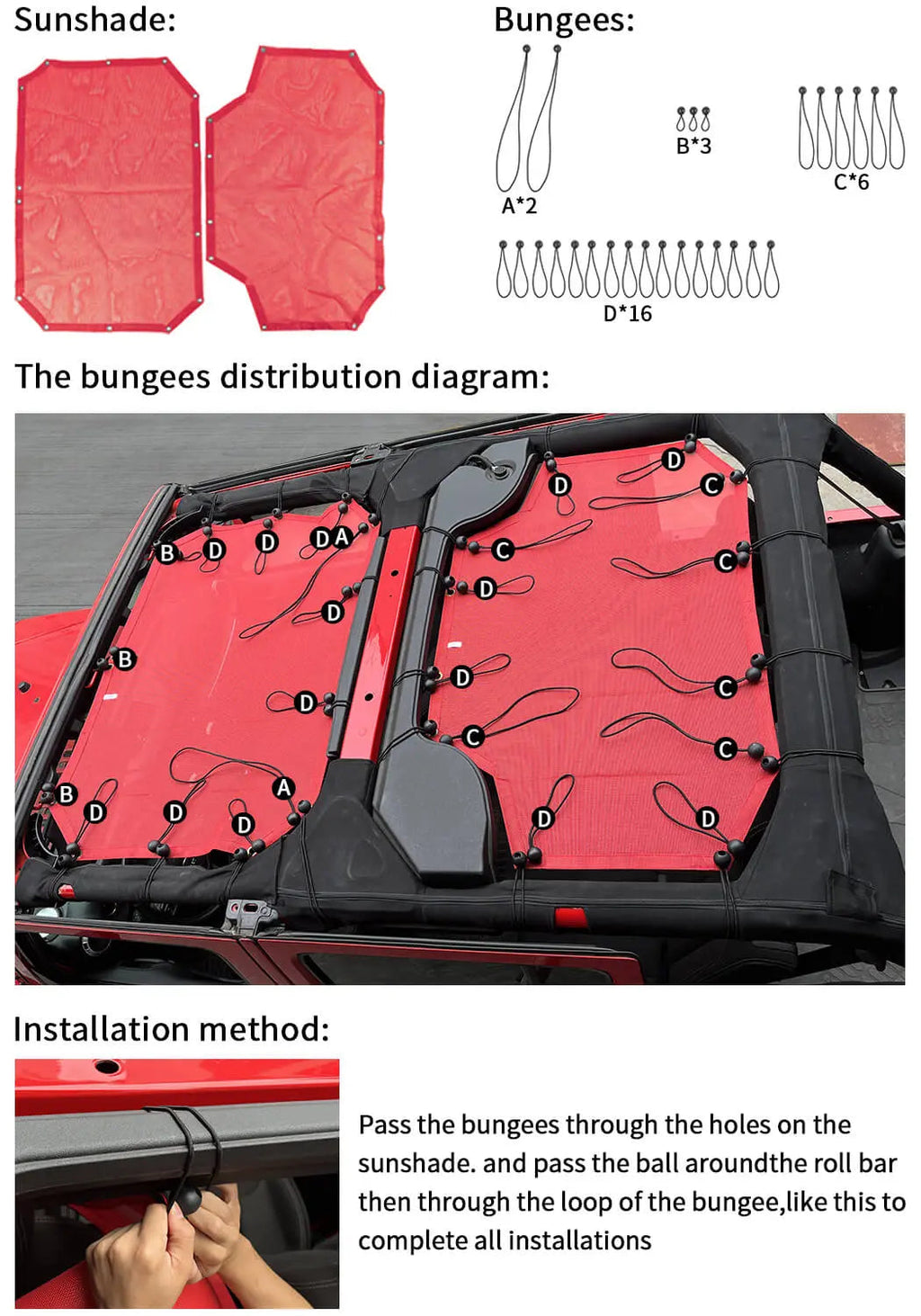 For 2007-2018 Jeep Wrangler JKU 4 Door Front & Rear Mesh Bikini Top Sunshade – UV Protection Soft Roof Cover