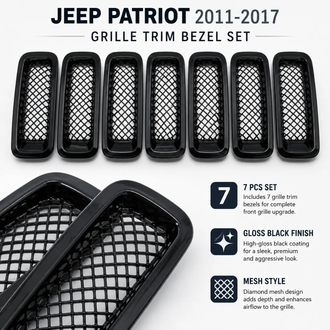 For 2011-2017 Jeep Patriot Front Mesh Grille Inserts Cover Frame Trim ABS 7pcs