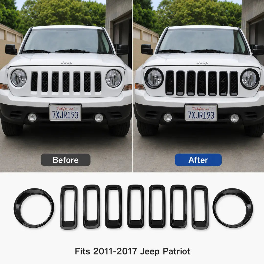 For 2011-2017 Jeep Patriot Headlight Grille Inserts Cover Frame Trim Kit ABS 9pcs
