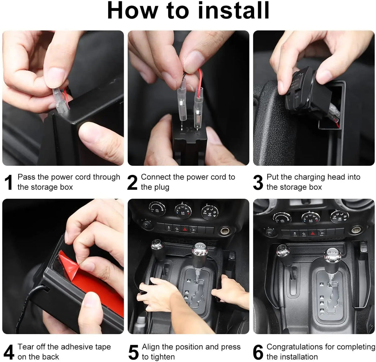 For 2011-2018 Jeep Wrangler JK JKU Center Console Gear Shift Tray Organizer Storage Box with USB Charger Socket