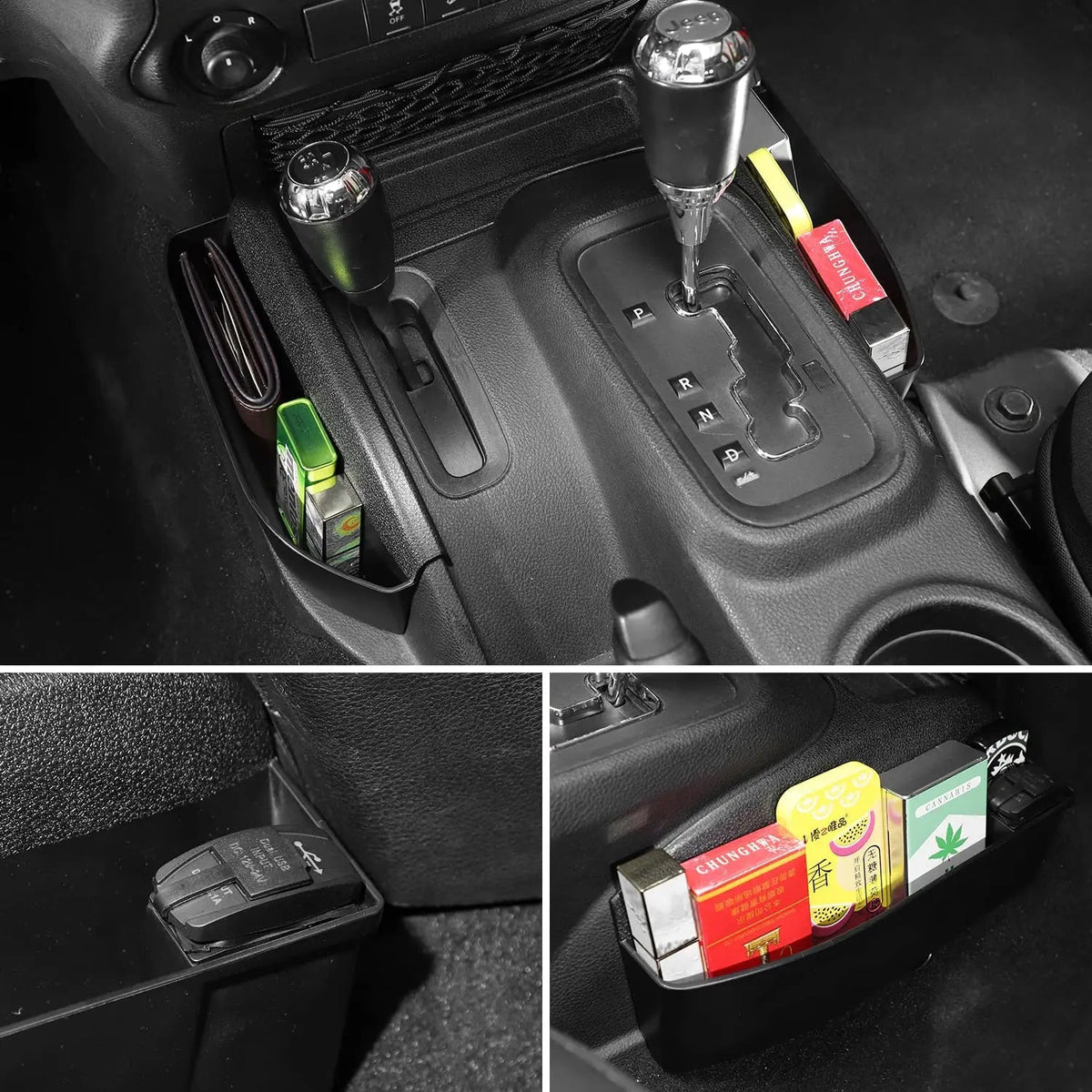 For 2011-2018 Jeep Wrangler JK JKU Center Console Gear Shift Tray Organizer Storage Box with USB Charger Socket