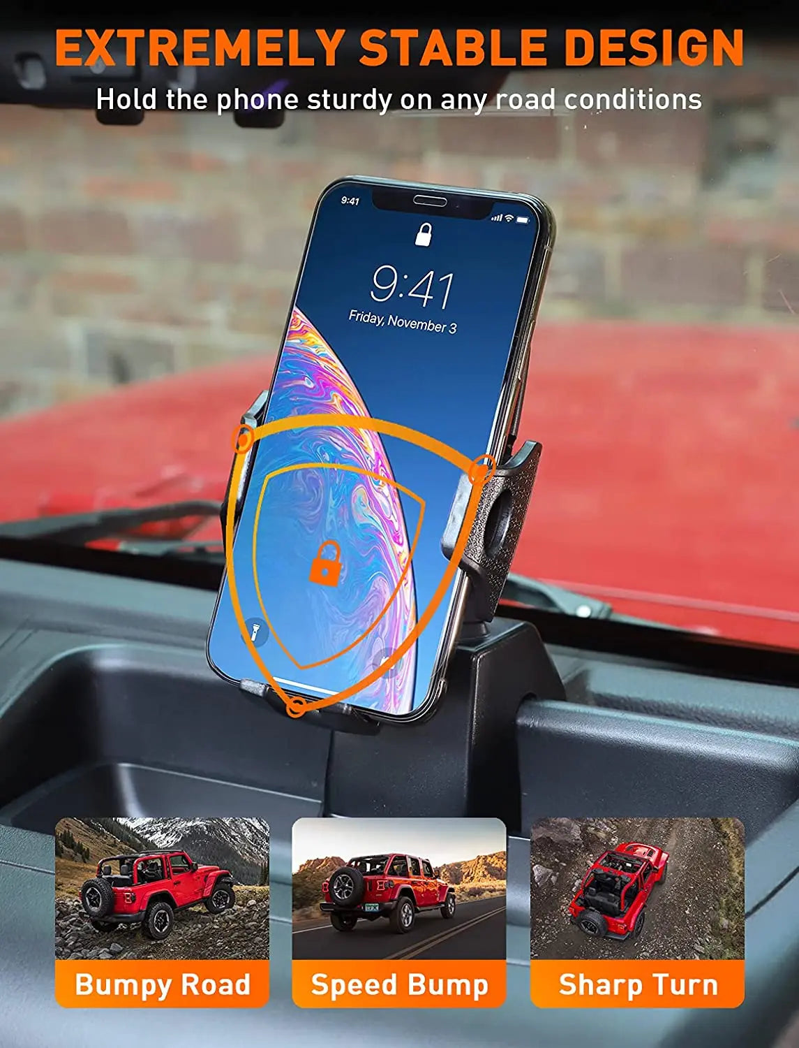For 2011-2018 Jeep Wrangler JK JKU Dash Tray Mount Phone Clamp Holder, Black