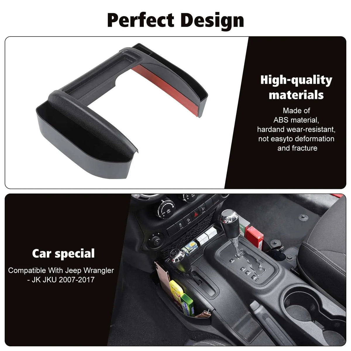 For 2011-2018 Jeep Wrangler JK JKU Gear Shift Center Console Storage Box Side Tray Organizer, Reserved USB Charger Extender Slot