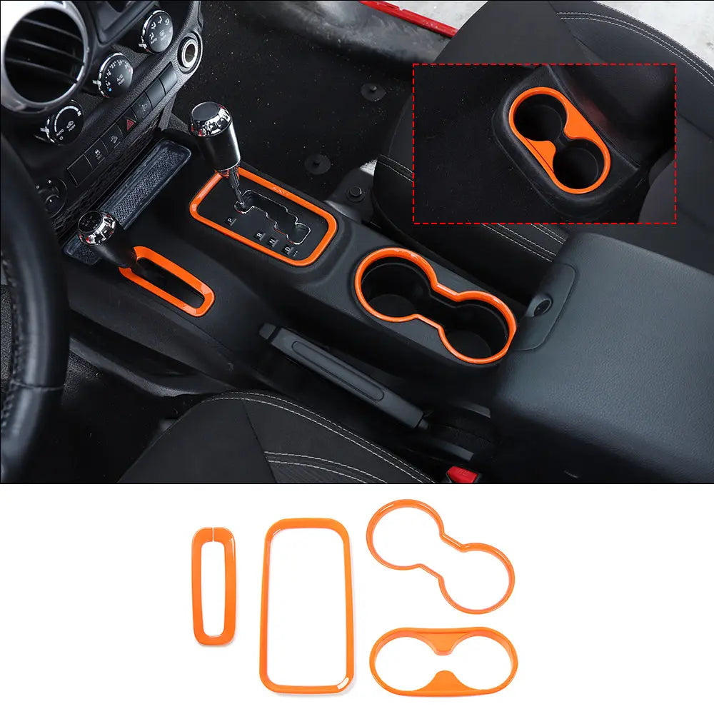 For 2011–2018 Jeep Wrangler JK & JKU – Front & Rear Water Cup Holder & Gear Shift Transfer Bezel Trim Kit