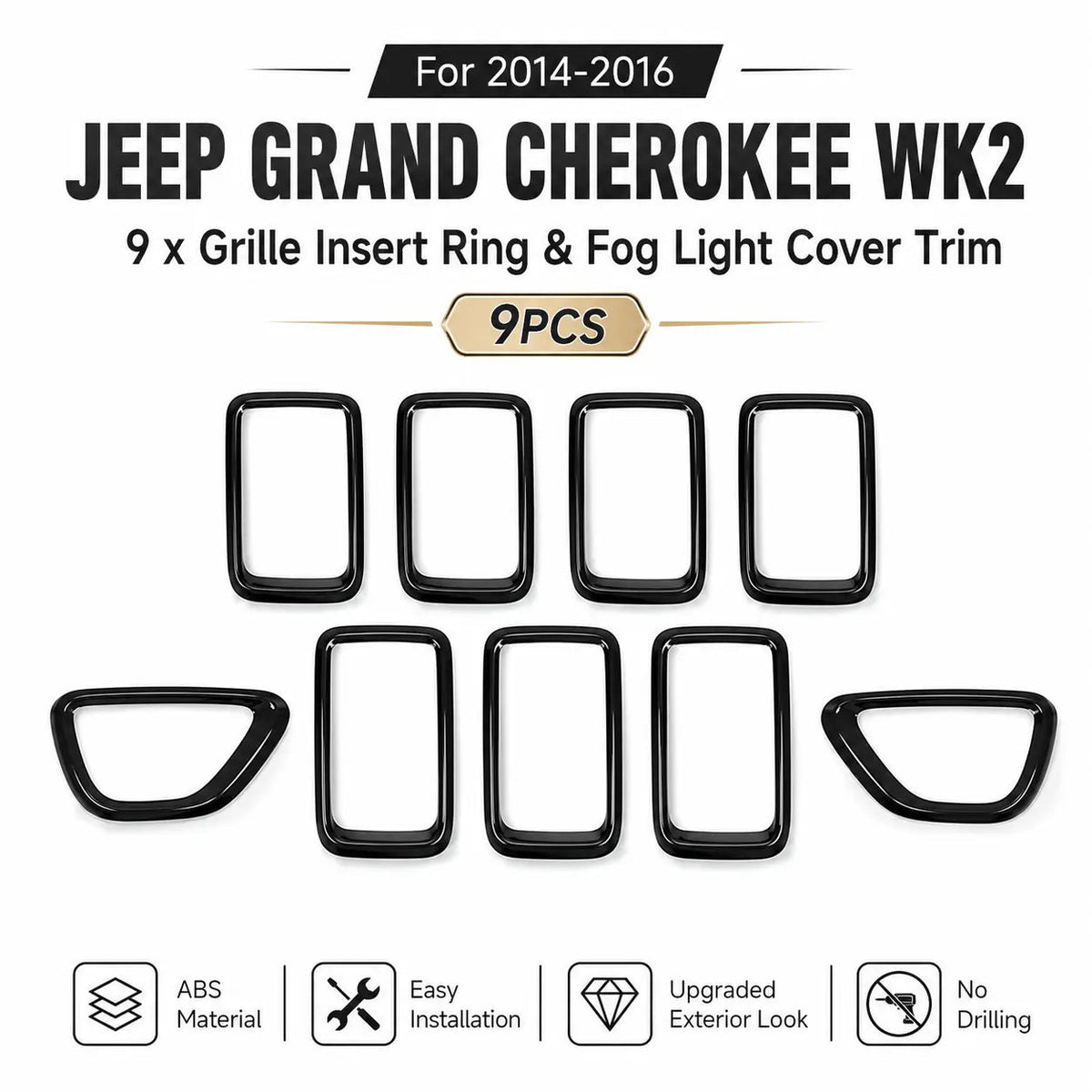 For 2014-2016 Jeep Grand Cherokee WK2 9 x Grille Insert Ring & Fog Light Cover Fog Lamp Trim Kit